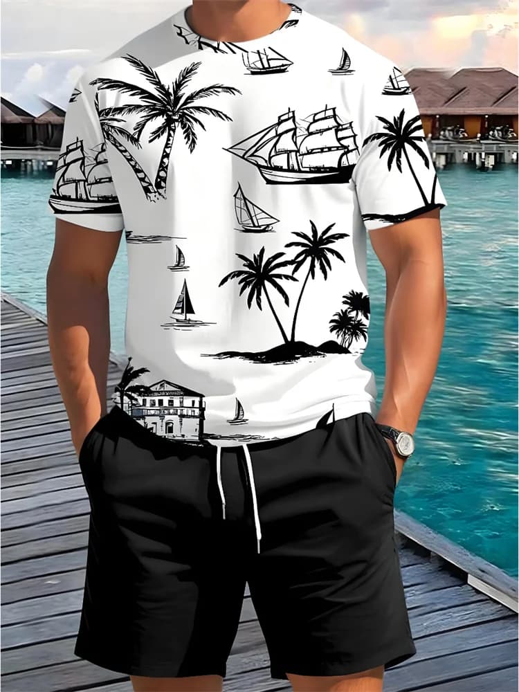 Men's suit 2 Pieces: T-Shirts and Shorts with Fun Cock Palm Print, Summer Set for Beach Vacations, Casual and Breathable
