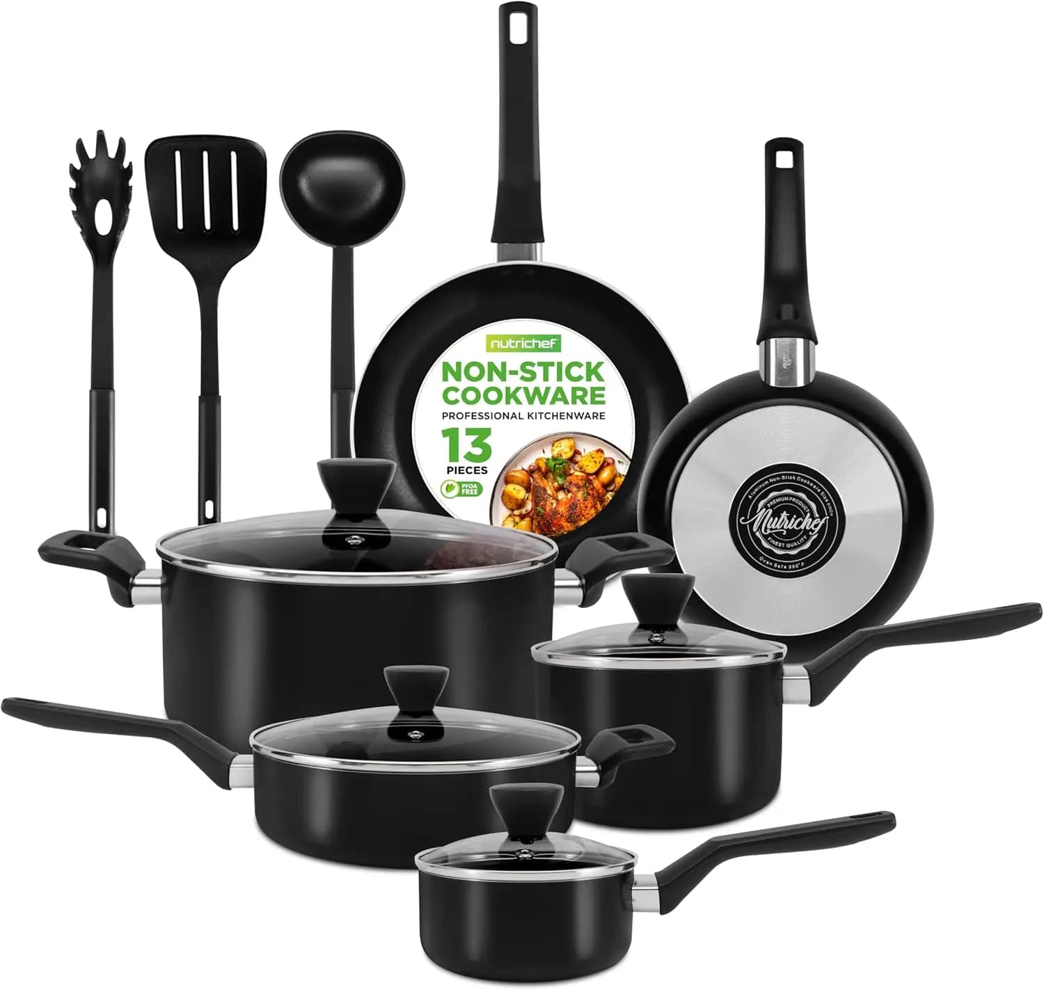 Set di Pentole Antiaderenti da 13 Pezzi con Casseruola, Padelle, Pentole, Casserole Grandi, Coperchi e Utensili - Utensili da Cucina Resistenti al Calore