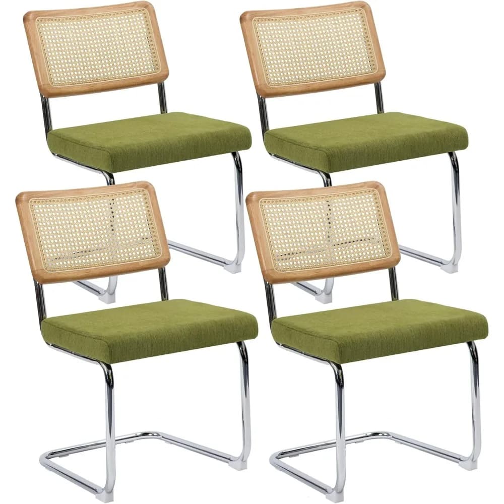 Sedie da pranzo moderne in canna Cesca, set di 4, schienale in canna di rattan intrecciato a mano, base cromata, sedile imbottito in cotone, ideale per la cucina o