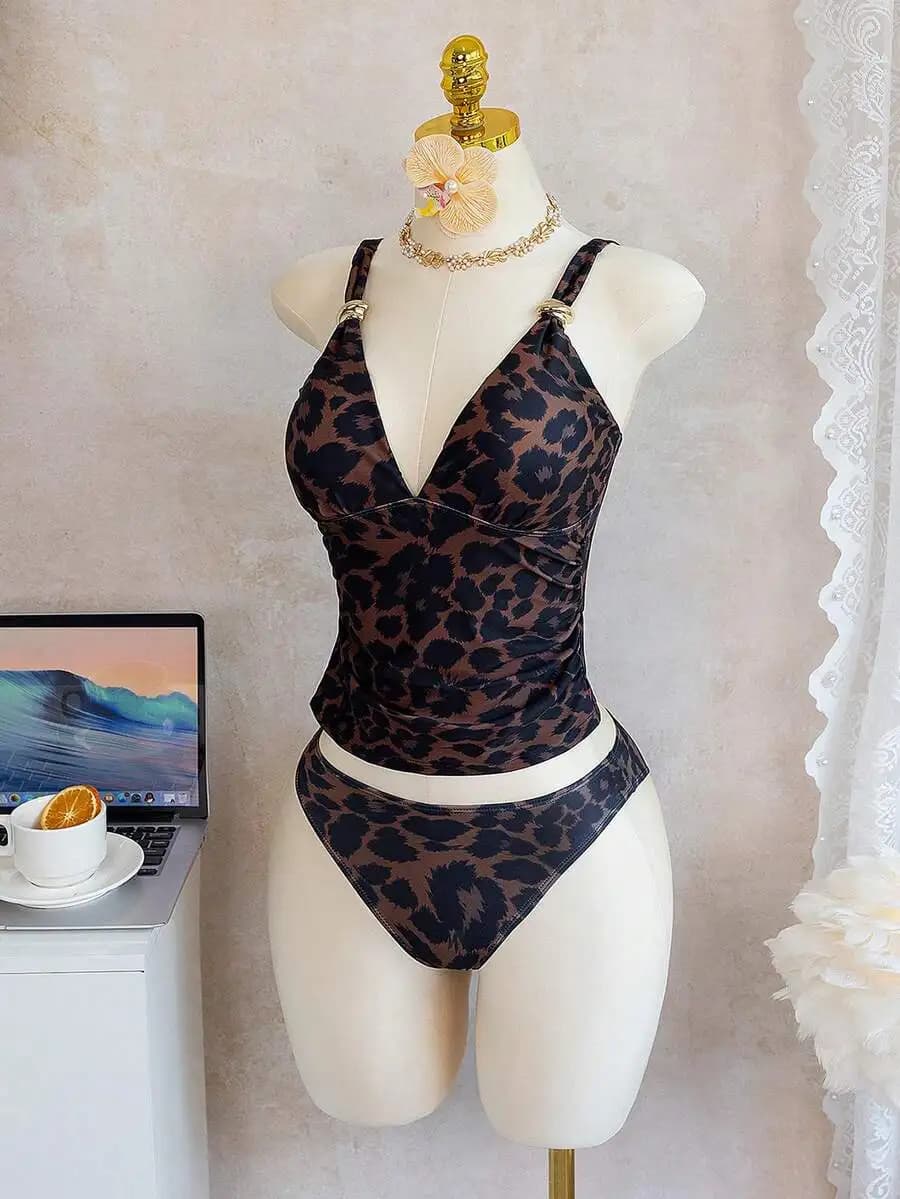 Costume da bagno due pezzi con stampa leopardata e scollo a V, con spalline regolabili, design snellente, per l'estate e la spiaggia