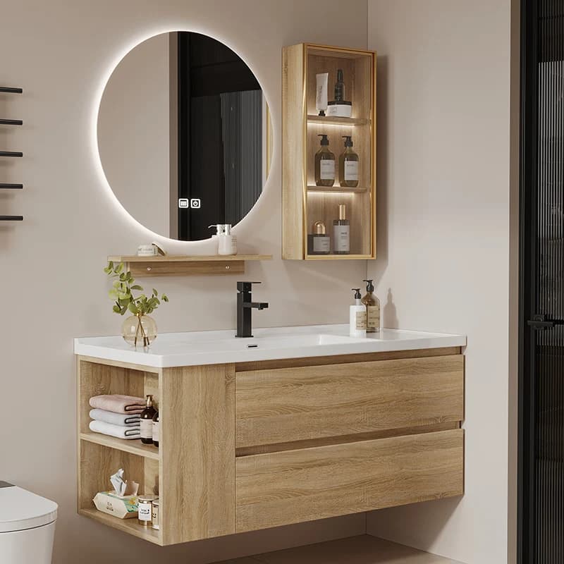 Mobiletto da bagno laterale color legno Mobiletto a specchio Mobiletto da bagno combinato con lavabo in ceramica integrato