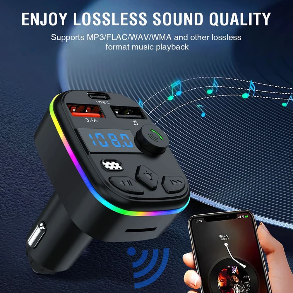Trasmettitore FM per auto Caricatore per telefono cellulare Compatibile con Bluetooth 5.3 Supporto TF Card U Disco Auto Radio FM Modulatore Adattatore per lettore MP3