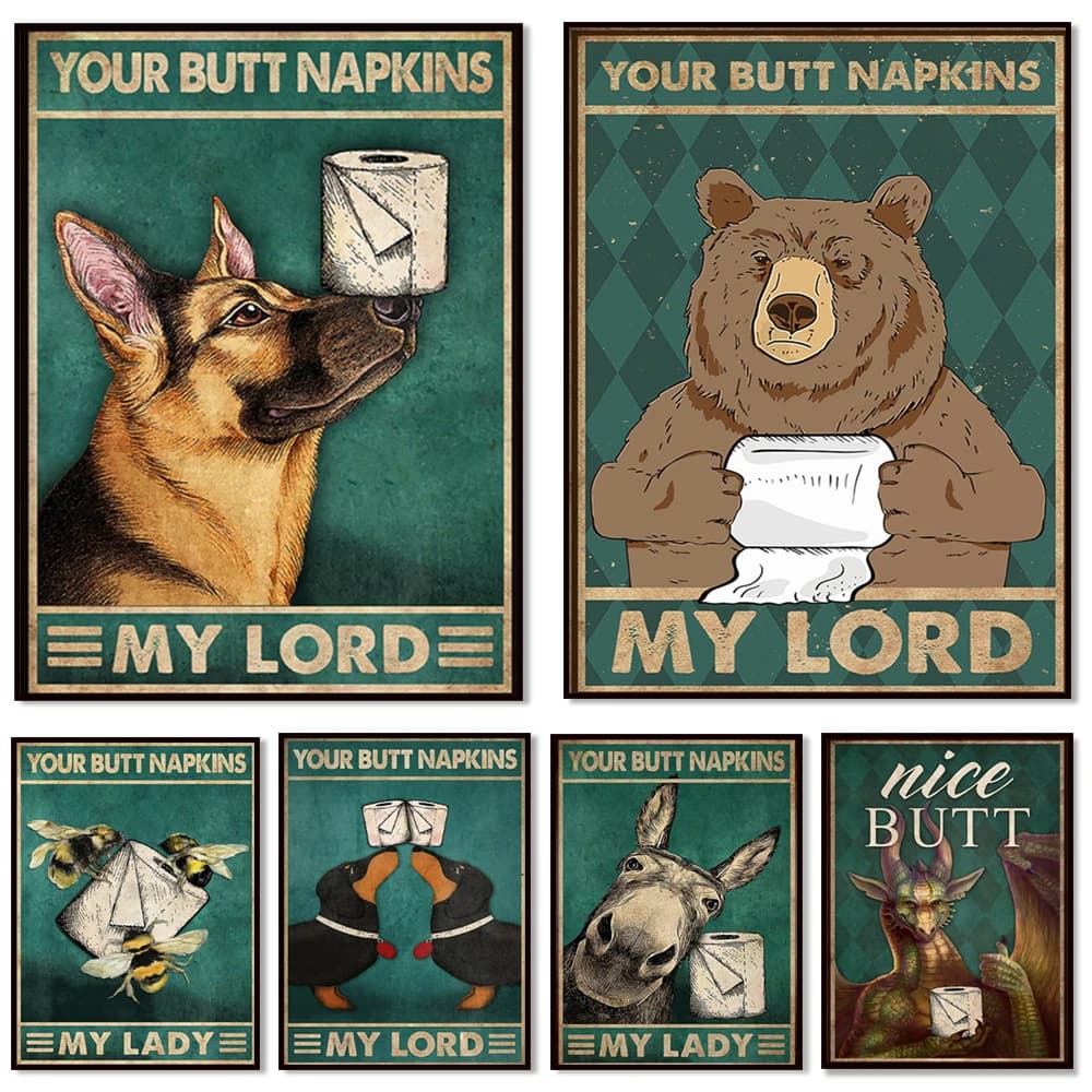 Funny Bee, Dachshund, Kitten, Donkey, Dragon Pretty Ass Napkin My Lady Bathroom Poster, Bee Bathroom Wall Art, Bathroom Sign,