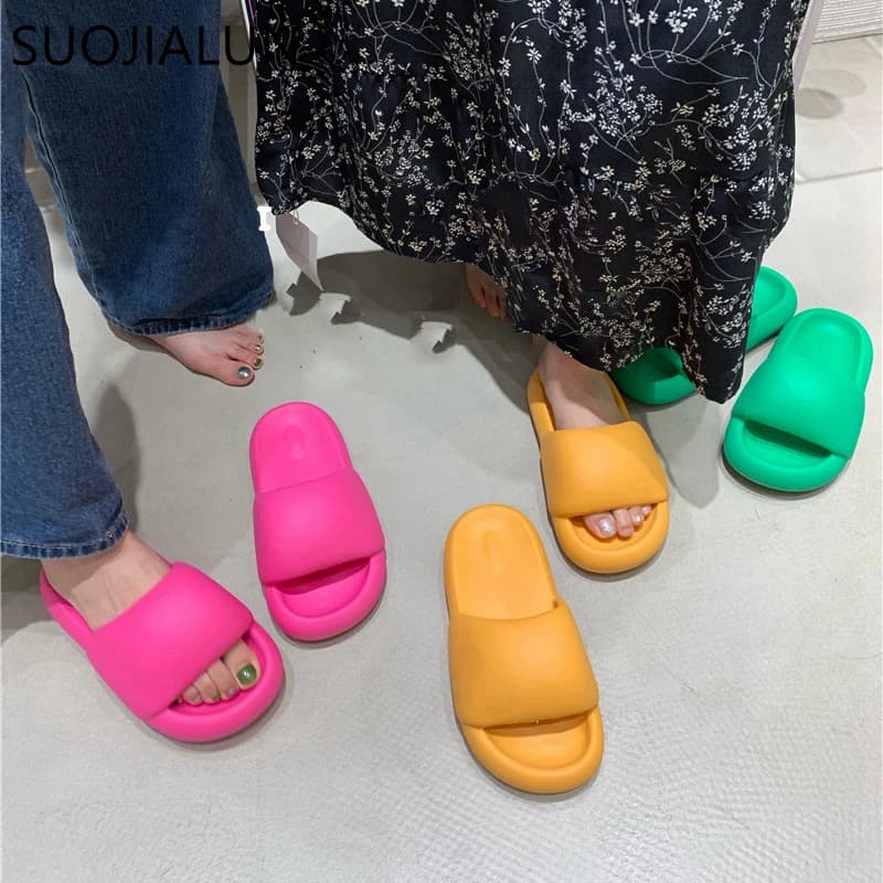 SUOJIALUN 2022 Summer Fashion Candy Colors women's slippers thick indoor bathroom soft EVA non-slip slides for home floors