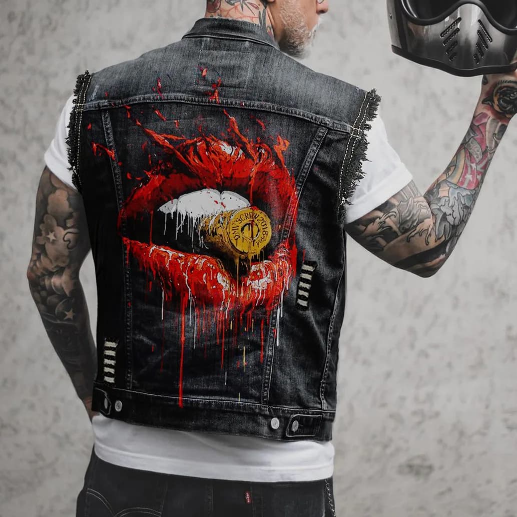 Cappotto di jeans senza maniche in cotone strappato con foro cappotto da uomo con stampa teschio gilet di jeans da motociclista da motociclista gilet Punk Rock Top