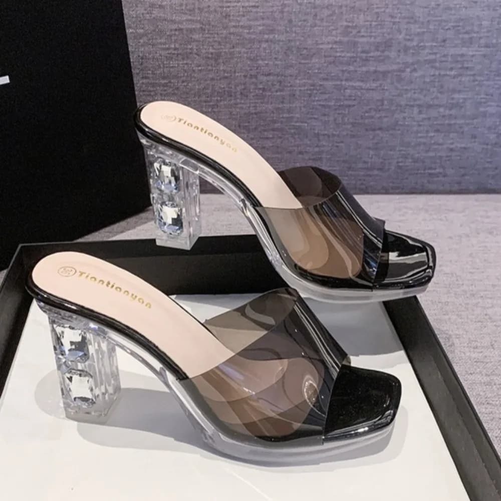 Sandali con Tacco Spesso da Donna, Ciabatte Sexy con Tacco Alto 9,5 CM, Impermeabili, Trasparenti, con Punta Aperta in Cristallo