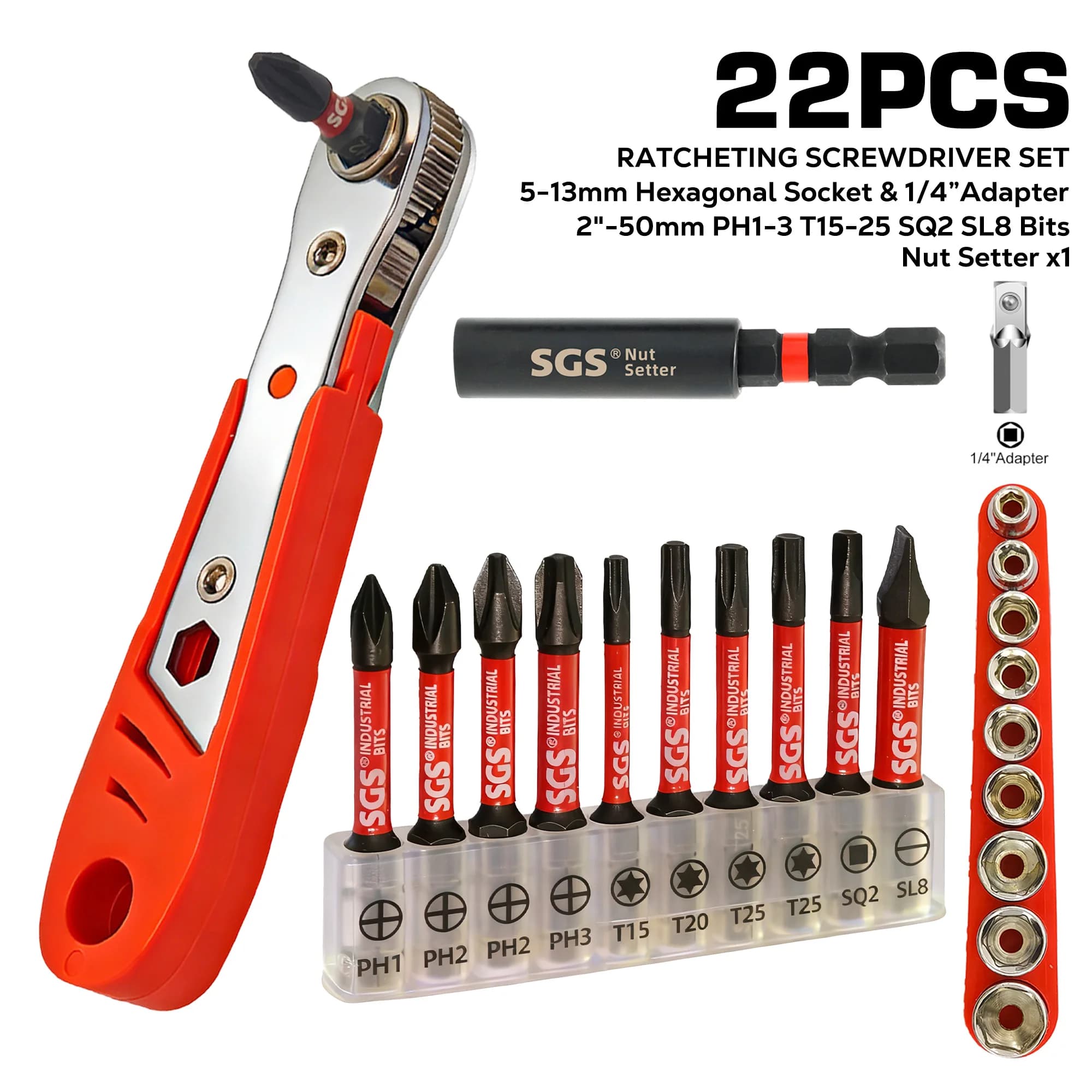 22 pieces of mini hatch key + shock-resistant screwdriver tips + sockets + biella + heads adapter, anti-rust, anti-slip, wear-resistant, transparent base for convenient storage space