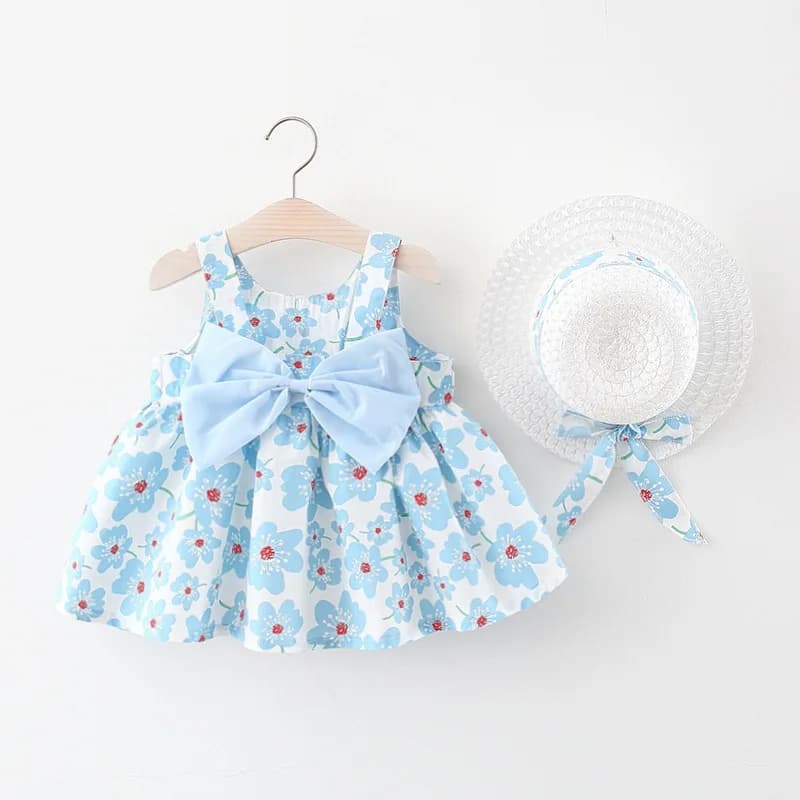 Nuovo vestito estivo per bambina con fionda floreale, vestiti senza maniche per bambini con fiocco con cappelli come regalo (9 mesi -3 anni)