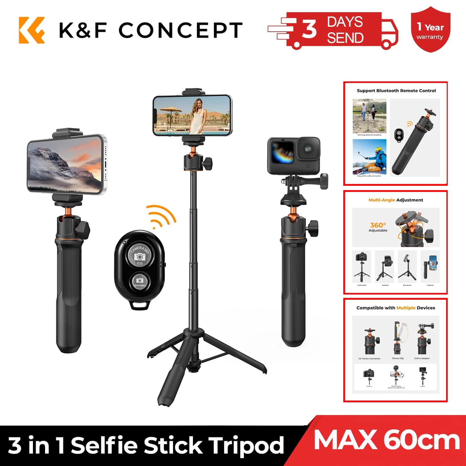K&F CONCEPT Asta per selfie 3 in 1 da 60 cm, supporto da tavolo con testa a sfera, supporto per cellulare, treppiede per fotocamera GoPro, telecomando Bluetooth