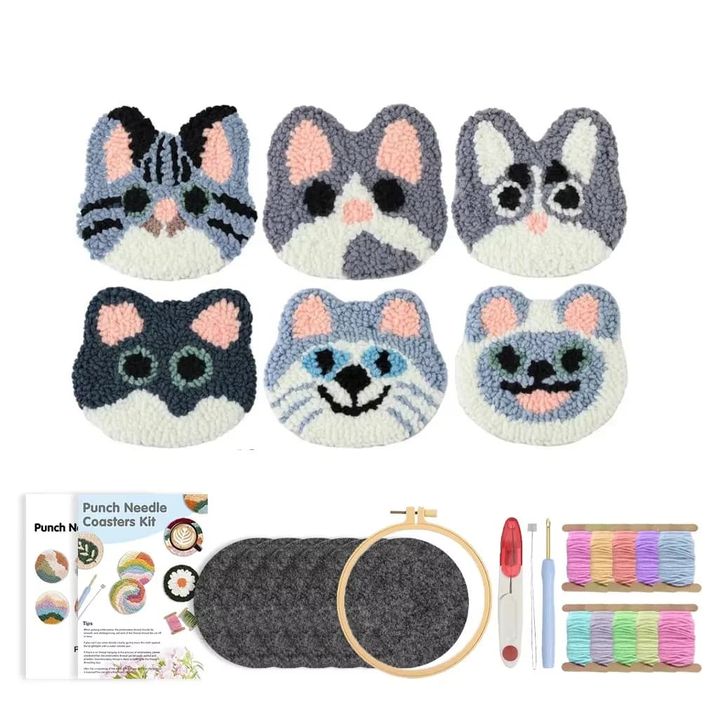 SDOYUNO 6pcs Punch Needle Coasters Kits Aniaml Styles Punch Needle Embroidery for Beginner Complete Punch Tool Kit for Adults