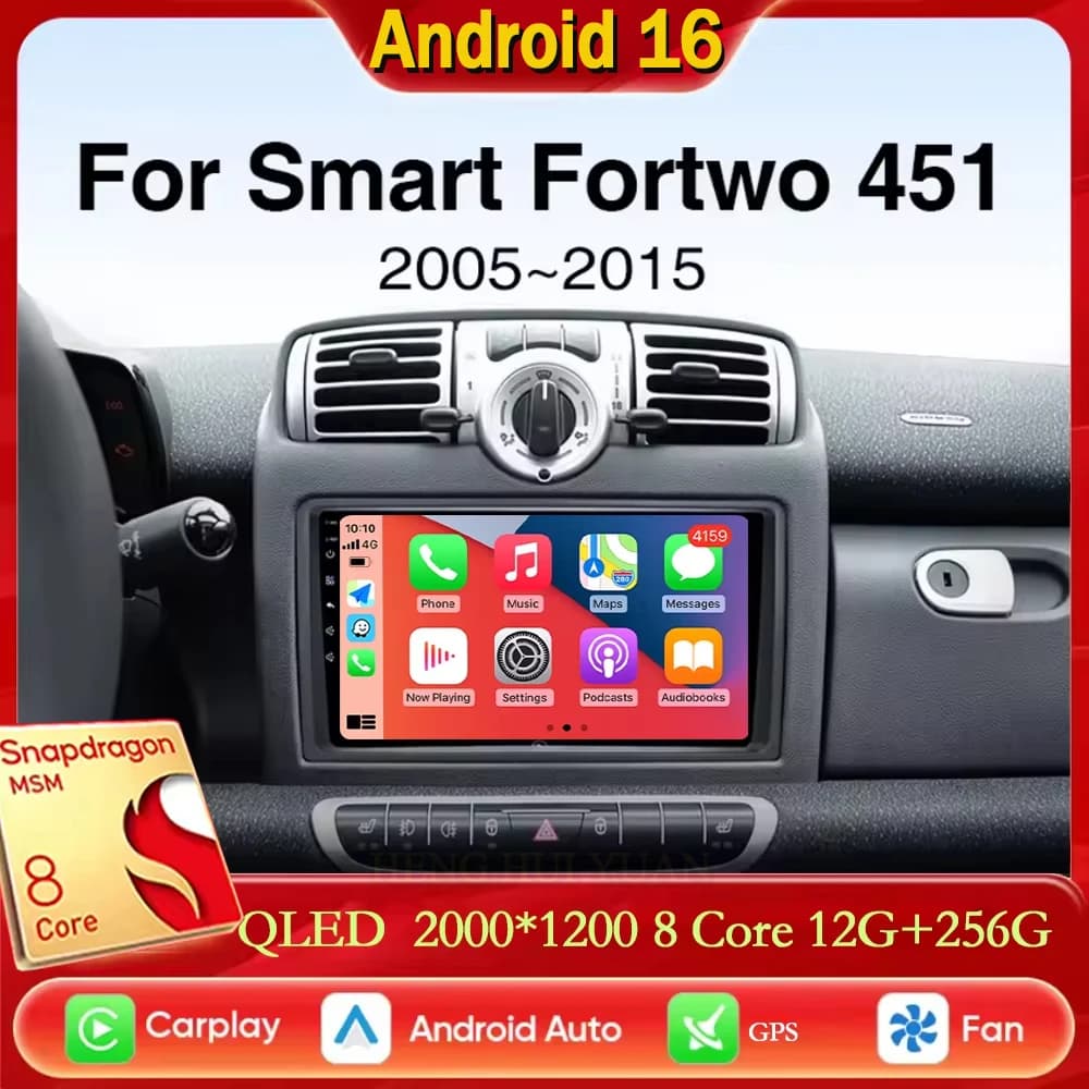 For Mercedes Benz Smart Fortwo 451 2005 - 2010 CarPlay Auto Android 15 2K QLED Autoradio Video Multimedia GPS stereo Head