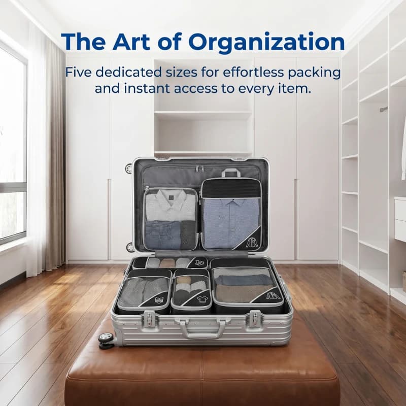 Organizzatore da Viaggio Leggero e Portatile, Set di 5 Cubi di Compressione per Bagagli con Borsa per Scarpe e Design a Rete