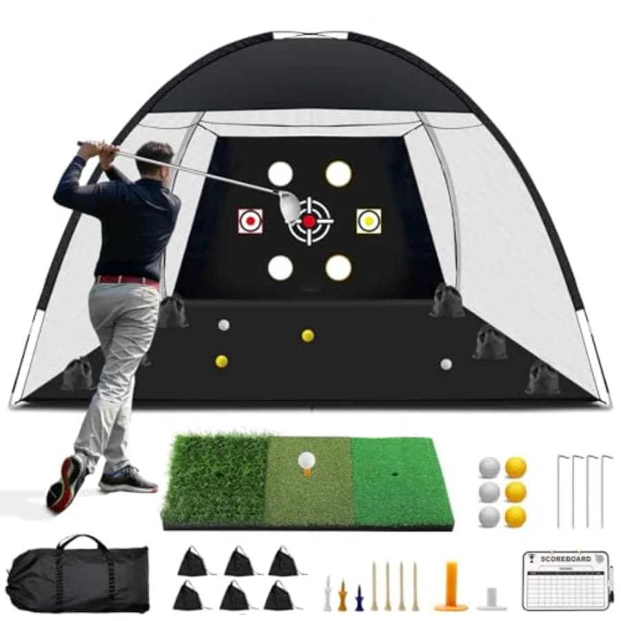 Golf Net, 10x7 Ft Practice Hitting Golf Net with Tri-Turf Mat, Ball, Tee, and Carring Bag, All-in-One Multi-Target Training Aid