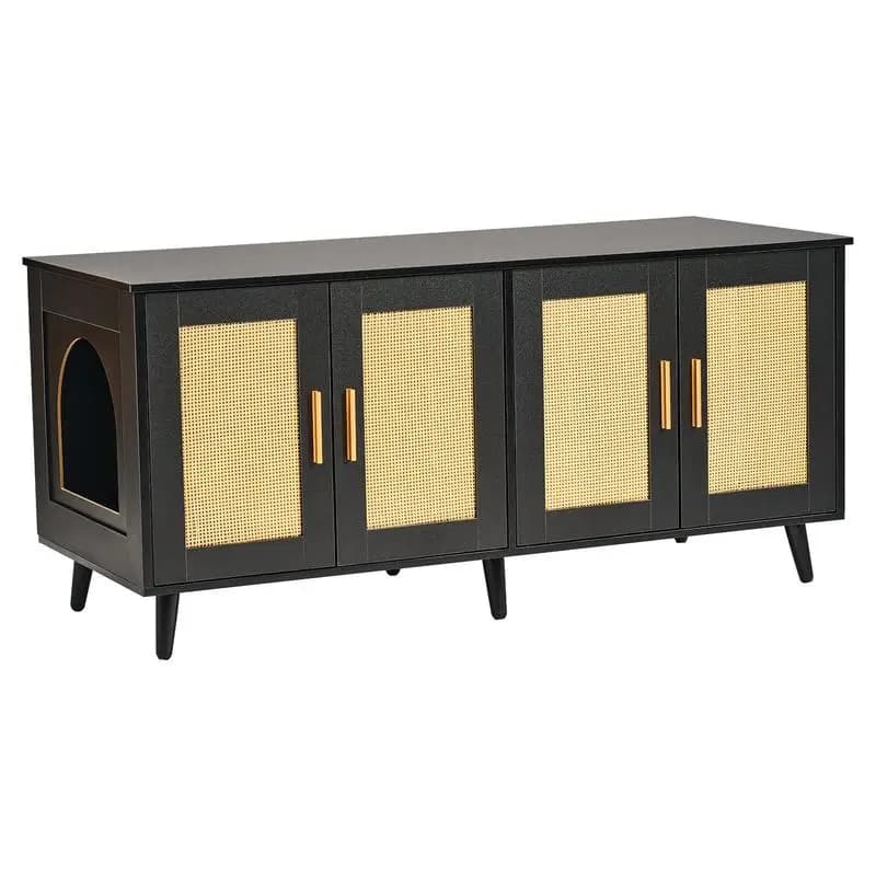 Cat litter box enclosure for 2 cats, concealed litter box furniture with rattan-trimmed doors, wooden litter box cabinet fits most litter boxes, 119.4 cm L x 40.1 cm W x 55.6 cm H, black