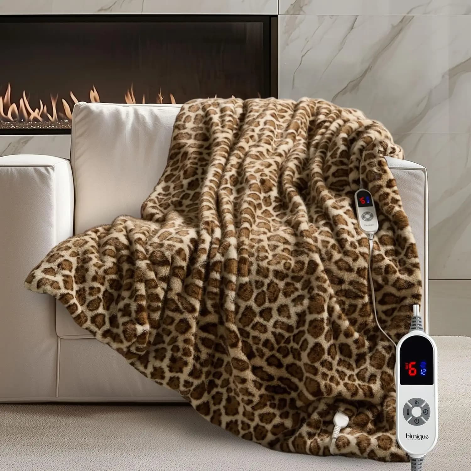 Coperta Riscaldata in Finta Pelliccia di Lusso - Stampa Leopardata, Ultra Morbida, 6 Livelli di Calore, Spegnimento Automatico, Lavabile, Certificata ETL