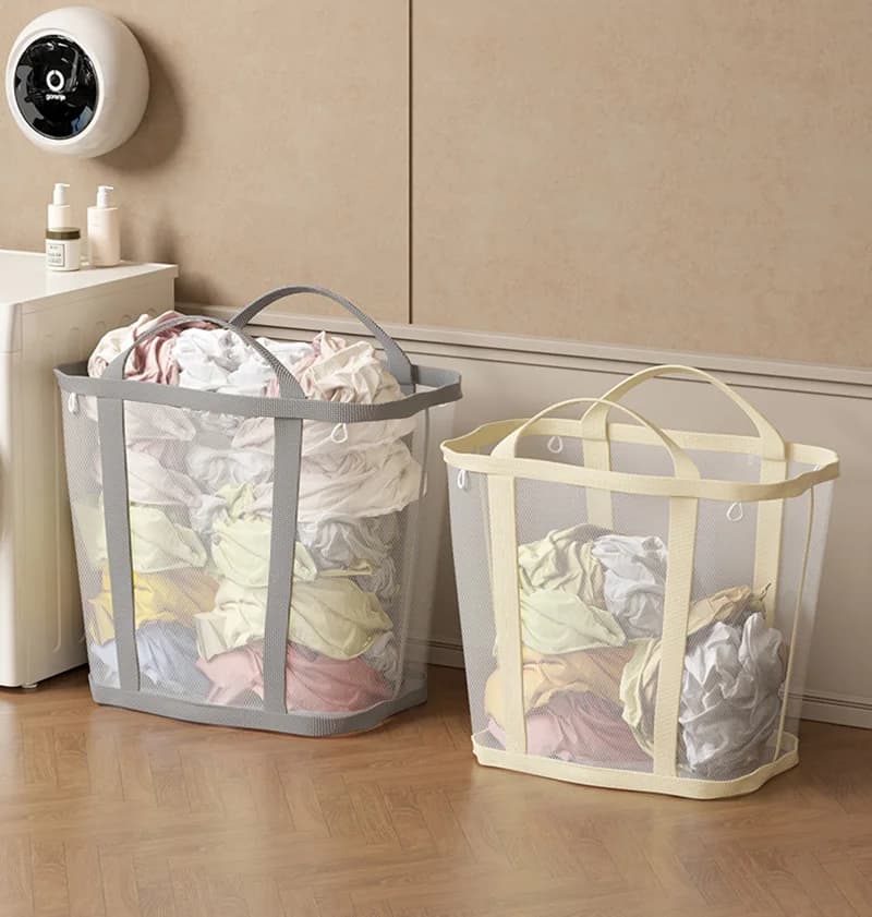 Nylon Mesh Laundry Basket with Handle Breathable Folding Portable Dirty Clothes Organizer Bags Large Capacity Toys Storage Bag