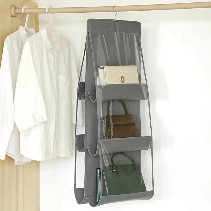 Organizer per borsetta da appendere a 6 tasche per armadio guardaroba Borsa portaoggetti impermeabile grigia Porta da parete Borsa trasparente per articoli vari con custodia appendiabiti