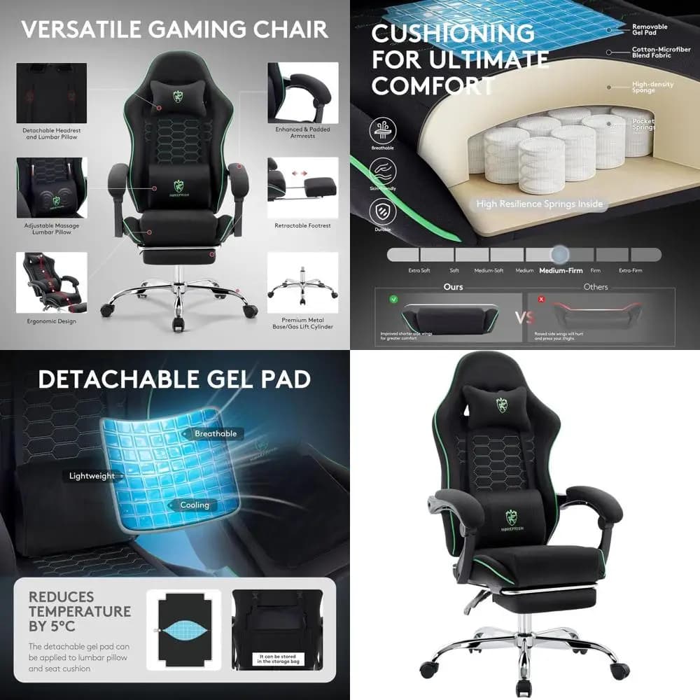 Sedia da Gaming Ergonomica in Tessuto Traspirante con Poggiapiedi, Supporto Lombare Massaggiante, Cuscino in Gel e Reclinazione Regolabile in Nero-Grigio