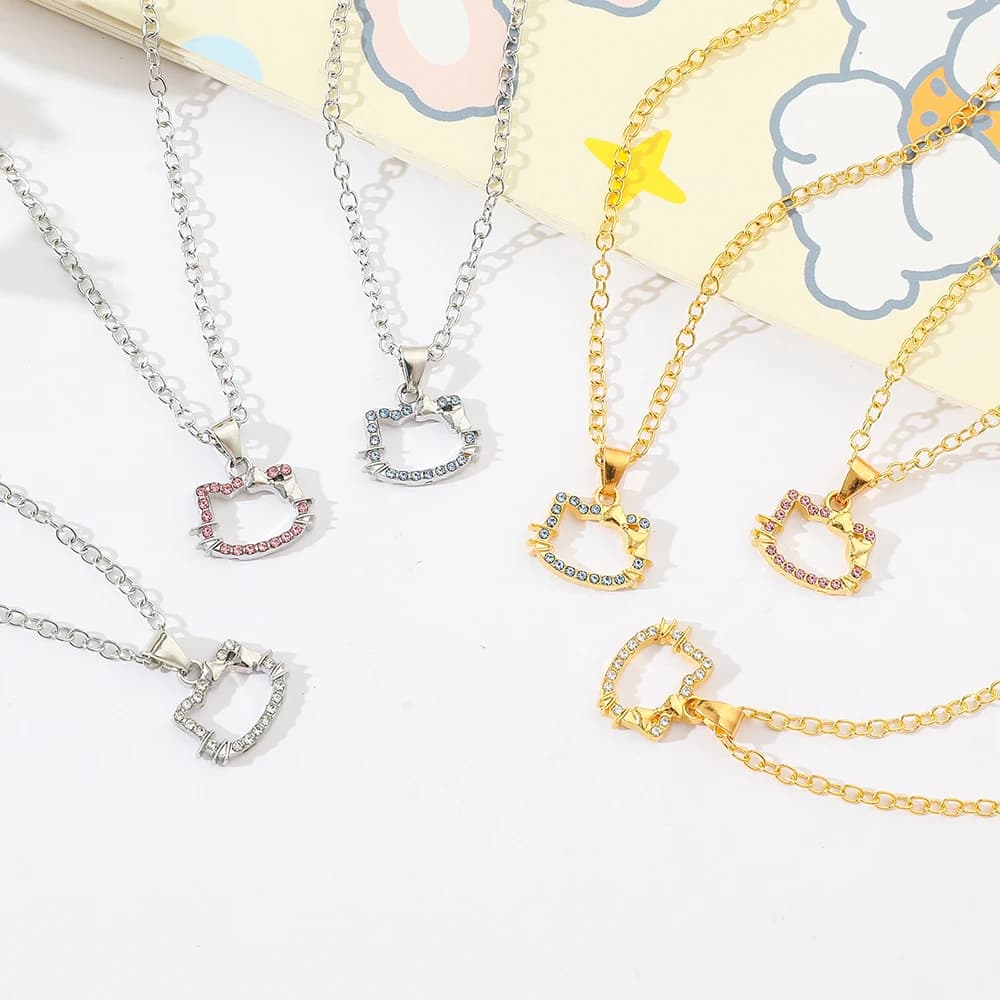 6pcs Hello Kitty Necklace Set Cartoon Rhinestone Hollow Head Portrait Pendants Luxury Jewelry Accessory for Girls