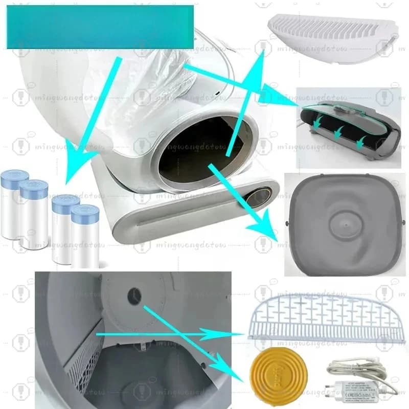 Accessori per lettiera automatica per gatti: Box, Tappetino igienico, Contenitore, Porta, Fondo, Capsula, Schermo, Rete filtrante, Cavo di alimentazione, Sacchetto igienico