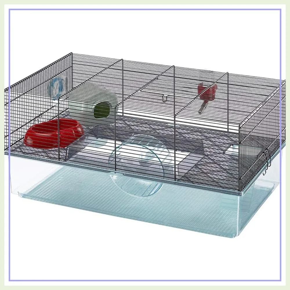 Gabbia grande per criceti 60 cm (L) x 36,5 cm (L) x 30 cm (A) con base profonda, ruota per esercizi, ciotola per cibo, borraccia e nascondiglio