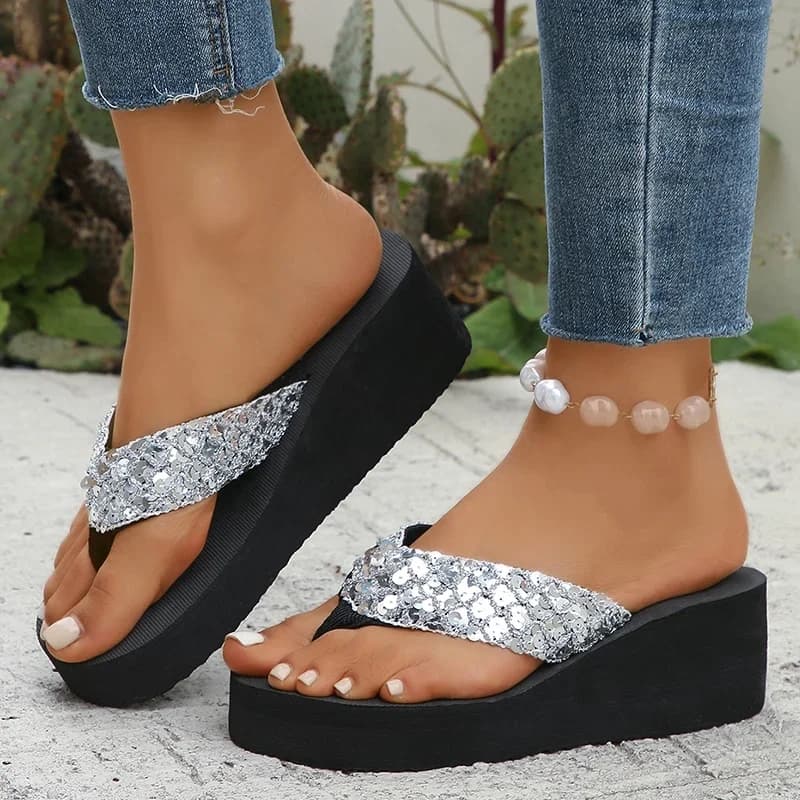 Shiny Silver Glitter Flip Flops Women Platform Wedge Heels Beach Sandals Summer 2026 Non Slip Plus Size EVA Slippers Shoes Woman
