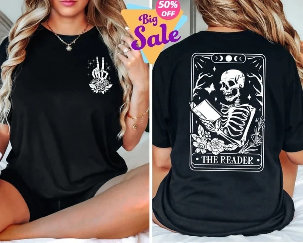 Maglietta Tarot THE READER, Carte dei Tarot, Stile Gotico, Maglietta con Ossa Umane, T-Shirt da Donna, Maglietta Reversibile, T-Shirt con Grafica Divertente