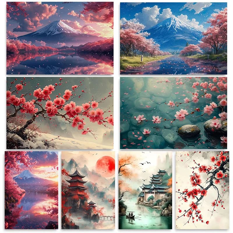 Japan Cherry Blossoms Sunrise Scenery Mount Fuji Wall Art Diamond Painting Bedroom Interior Paintings For Living Room Home Dec