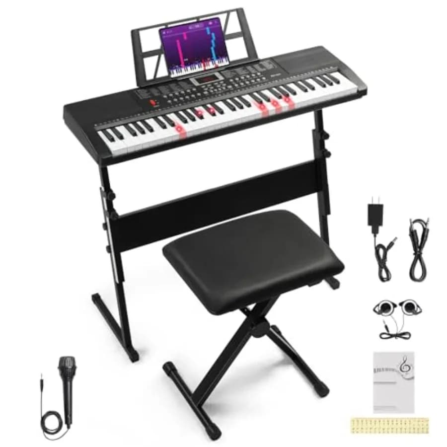 Tastiera Pianoforte a 61 Tasti con 200 Timbri, 200 Ritmi e 60 Demoni, Include Supporto, Sgabello, Cuffie e Microfono