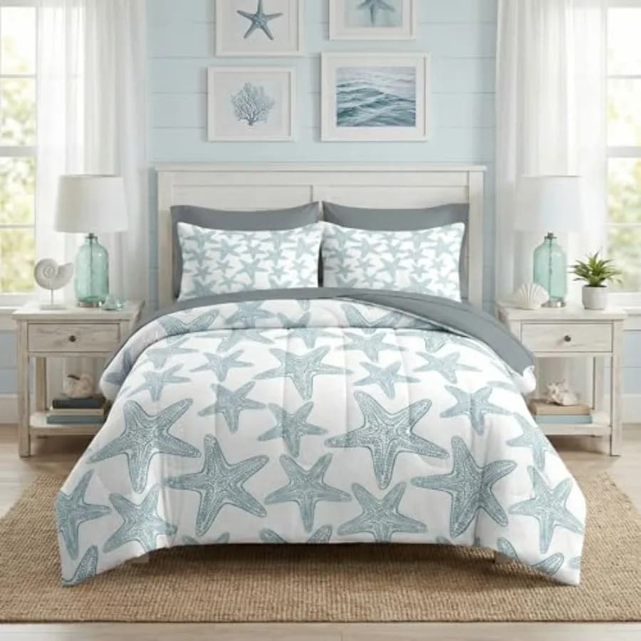 Set Copripiumino 7 Pezzi, Set Biancheria da Letto Nautica con Stelle Marine e Conchiglie per Adulti, Set Lenzuola con Motivi Oceanici e Spiaggia