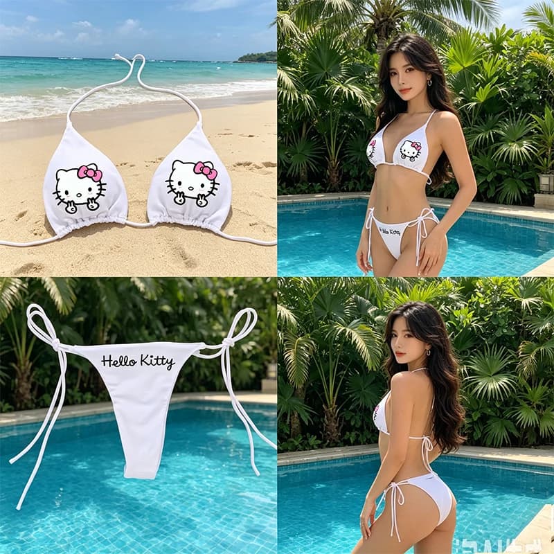 Anime Hello Kitty Bikini Set Summer Kawaii Kuromi Melody Beach Soft Side Strappy Panties Swimsuit Cute Girl Cartoon Swimsuit