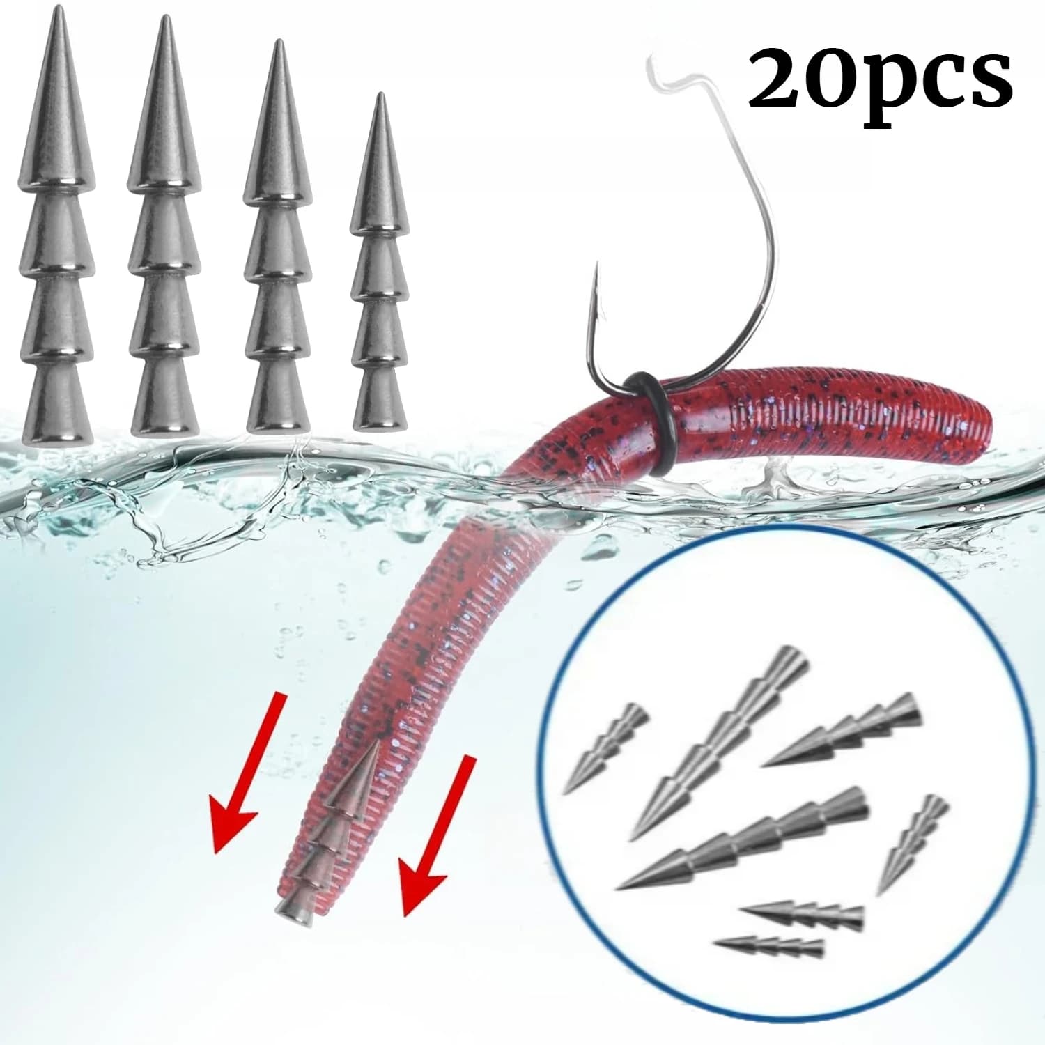20 pcs/lot Fishing plungers 0.5g 1g 1.5g 2g for worms, soft baits and fishing accessories