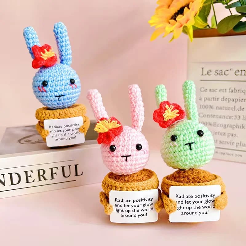 Handmade crochet rabbit with positive energy, ornament for pot plants, home decoration, cute knitted rabbit to hug, Christmas gift