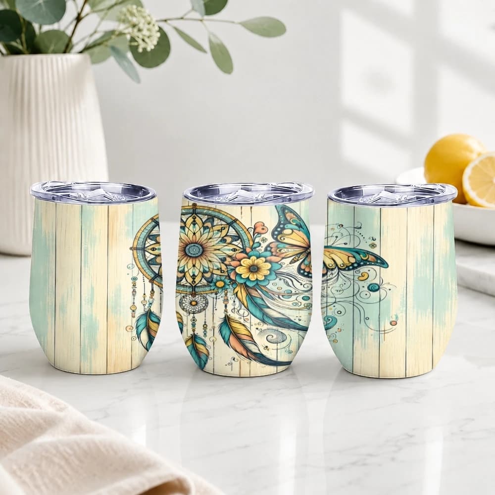Boho Dreamcatcher Butterfly Floral Vacuum Flasks Insulated with Lid Double Wall Vacuum Stainless Steel Cup Hot & Cold Drink Mug