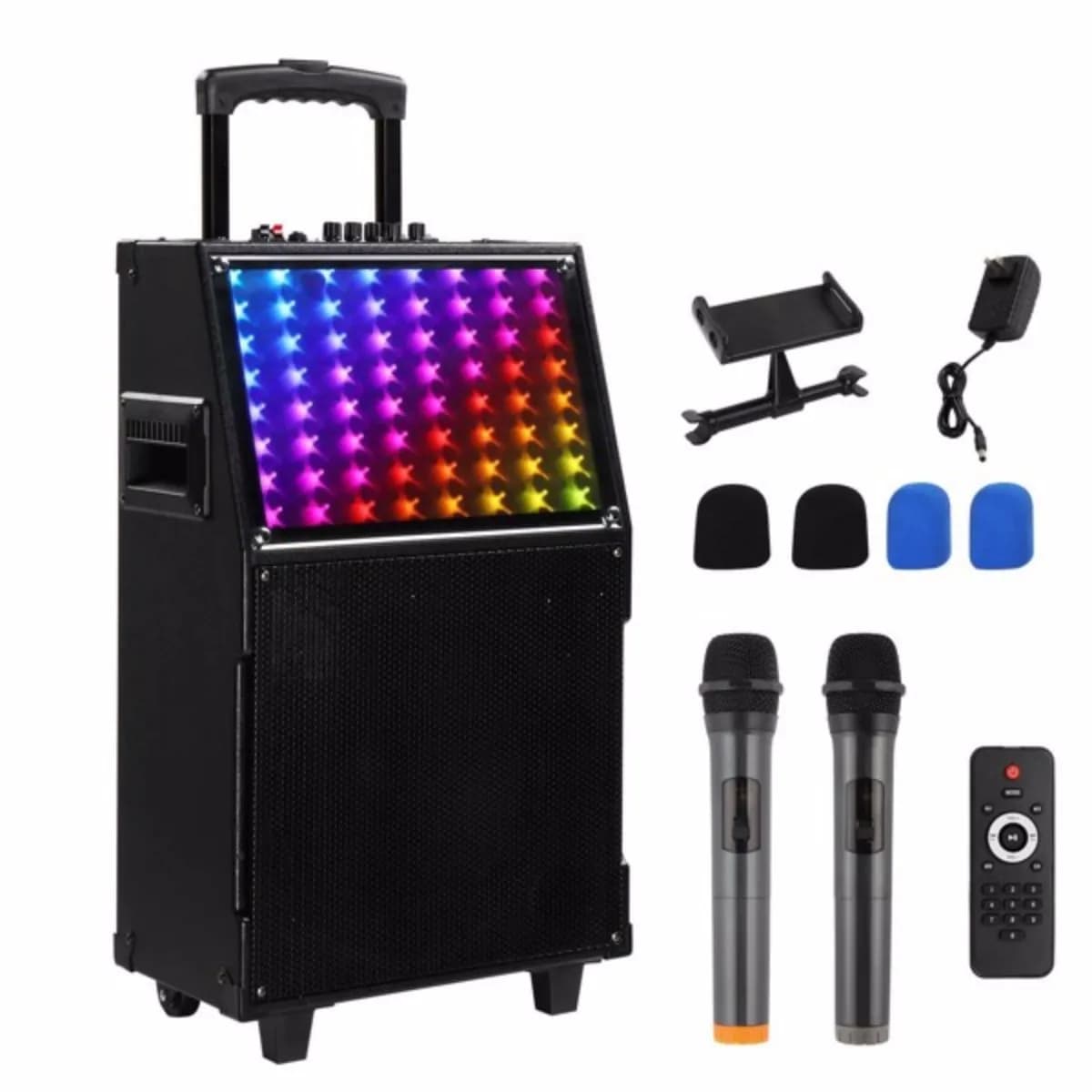 Macchina per karaoke da 12 pollici con luce spettro LED Altoparlante con asta di trazione con telecomando Bluetooth con 2 microfoni wireless 60W
