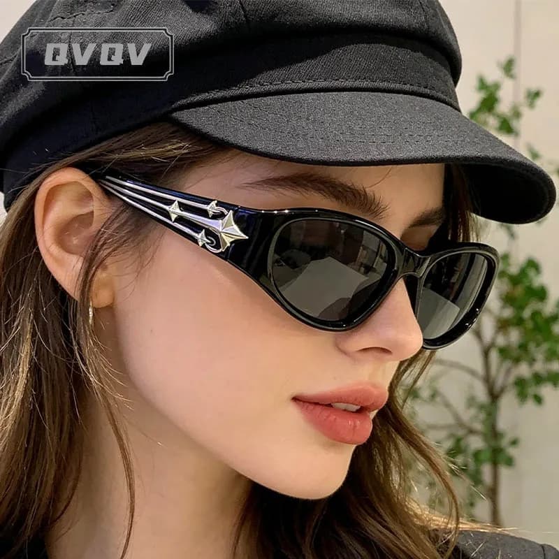 Occhiali da sole QVQV Y2K alla moda a occhi di gatto, unisex, stile punk hip hop, con rivetti a stella, occhiali da sole sportivi per esterni, protezione UV400