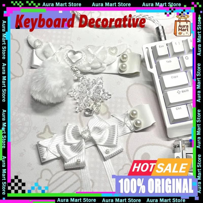 Nastro per Tastiera a Tema Ali Bianche, Cinturino Originale Fatto a Mano con Fiocchi di Neve e Palline Soffici per Tastiera Meccanica, Regalo Decorativo