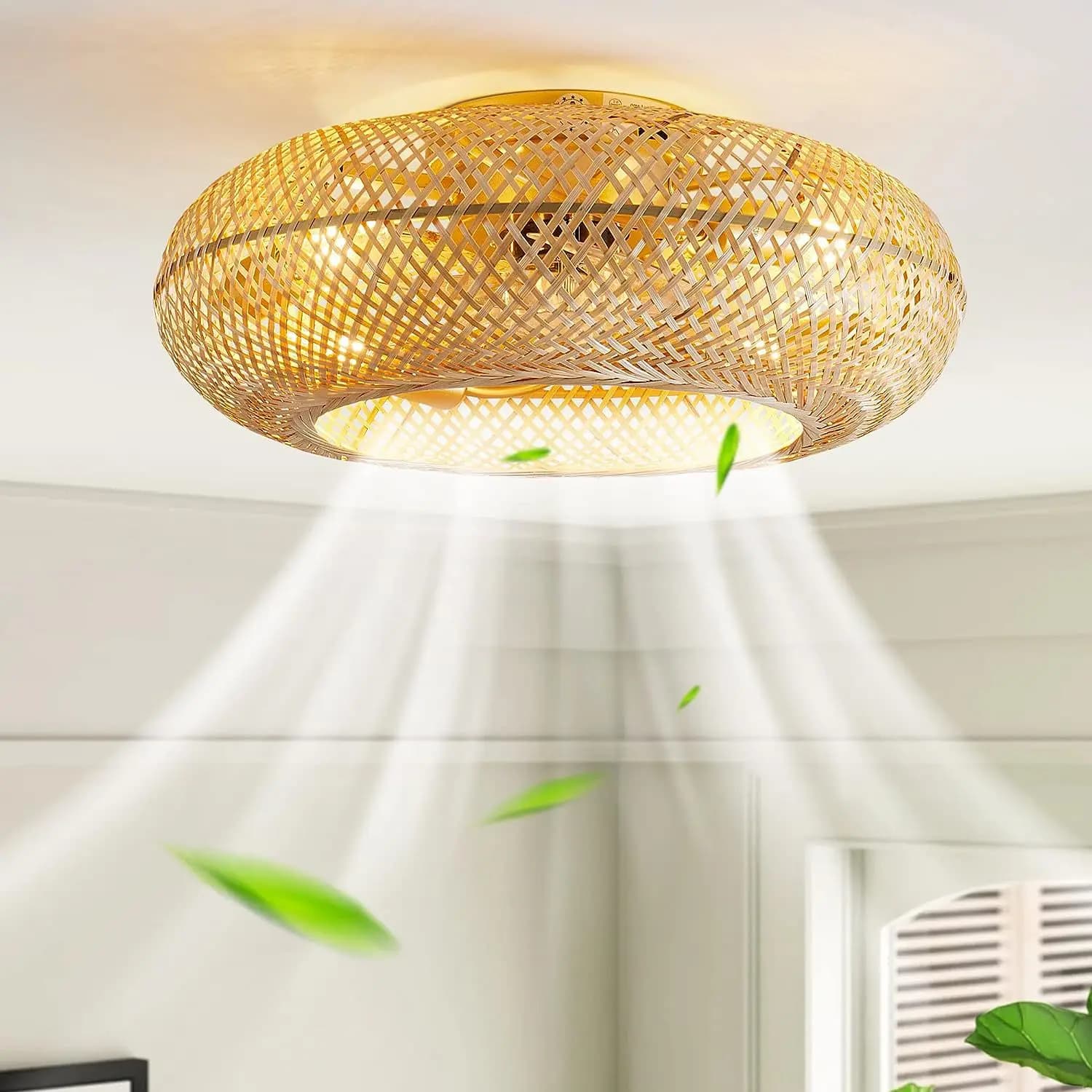 Ventilatore da soffitto in bambù Ventilatori con luci Telecomando Arredamento camera da letto Lampada ventilatore 50 cm Aria Lame invisibili Retrattile Silenzioso