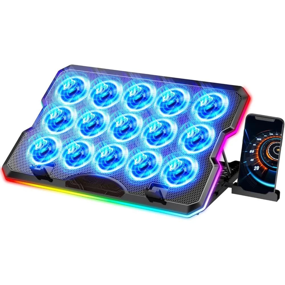 Dispositivo di raffreddamento per laptop da gioco con 15 ventole silenziose per laptop da 12-17,3 pollici, supporto di raffreddamento per laptop RGB portatile ultrasottile