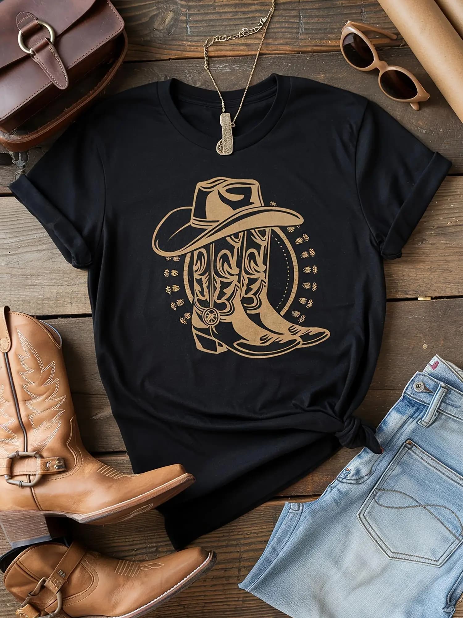 Women'S Casual Black Washed T-Shirt with Western Cowboy Boot & Hat Print Perfect for Spring/Summer Western T Shirts
