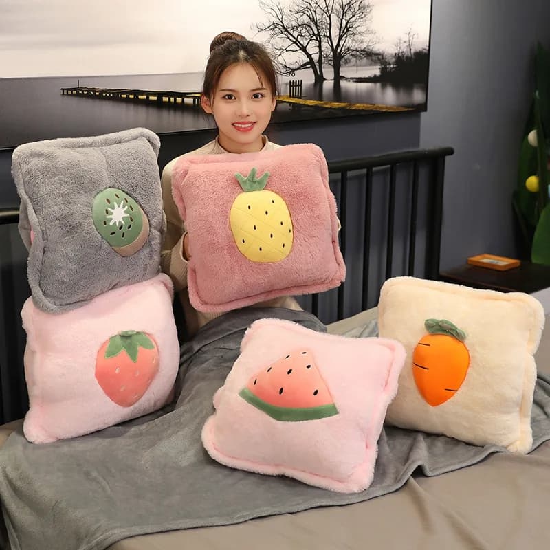 Simpatiche coperte per pisolino alla frutta Trapunta pieghevole Cuscino per divano Copri pisolino Trapunta da viaggio Cuscini per abbraccio per auto Calda coperta per cuscino per ufficio