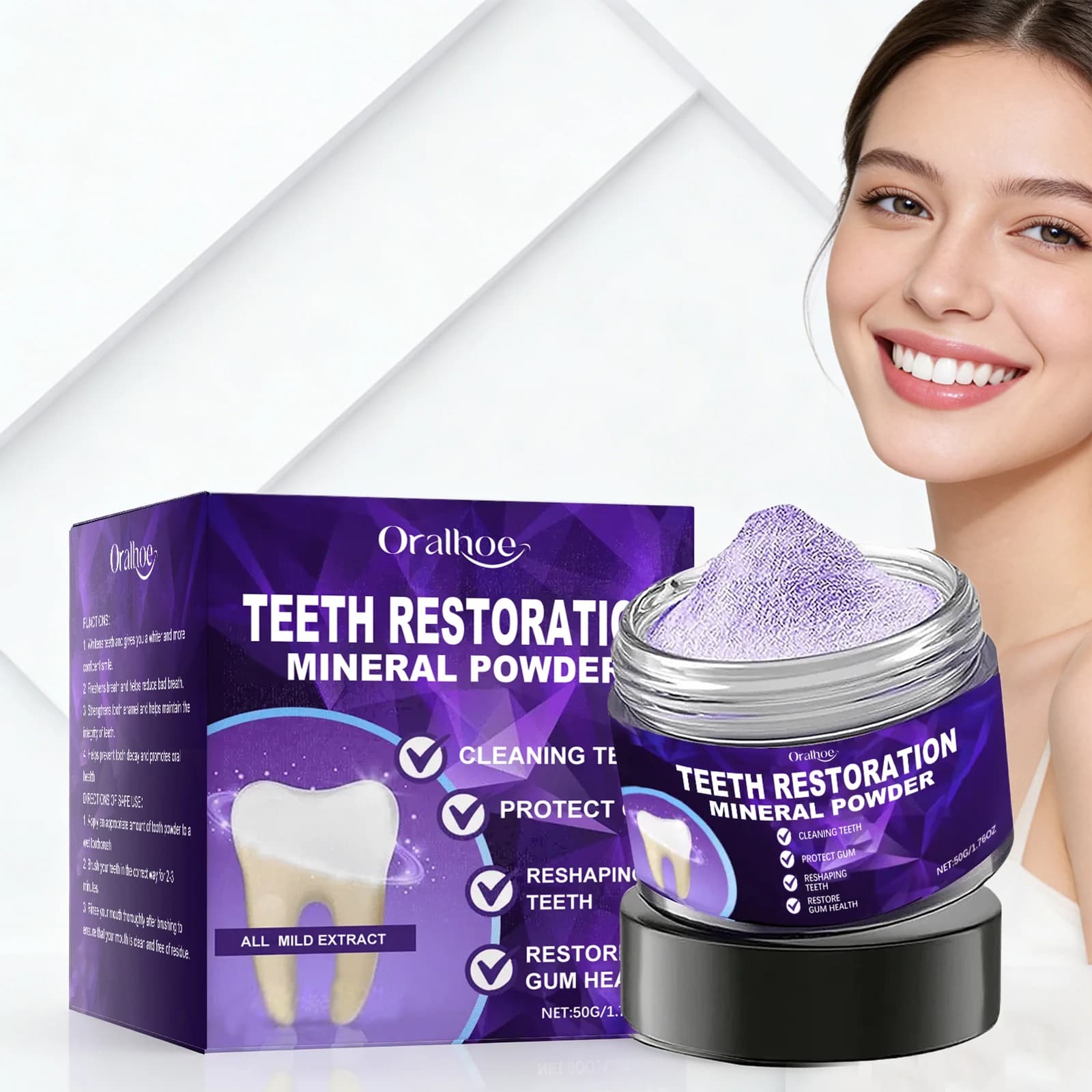 Polvere Dentifricia Remineralizzante Naturale Sbiancante per Denti Rinfrescante per l'Alito Gusto Menta Riparazione Smalto Pulizia Profonda Cura Orale