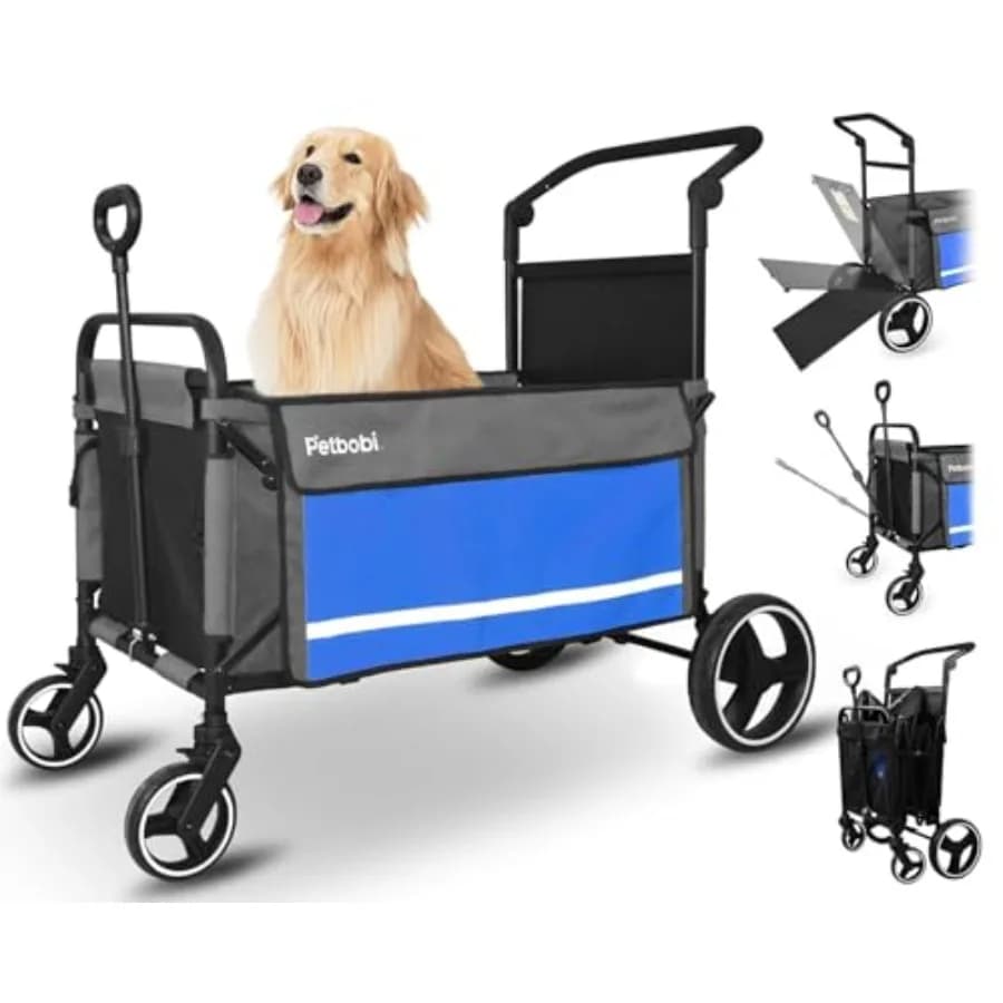 Passeggino 2-in-1 Petbobi per Cani di Taglia Grande e Media, Carrozzina Pieghevole con Rampa e Rotazione a 360° ° Ruote Girevoli Regolabili