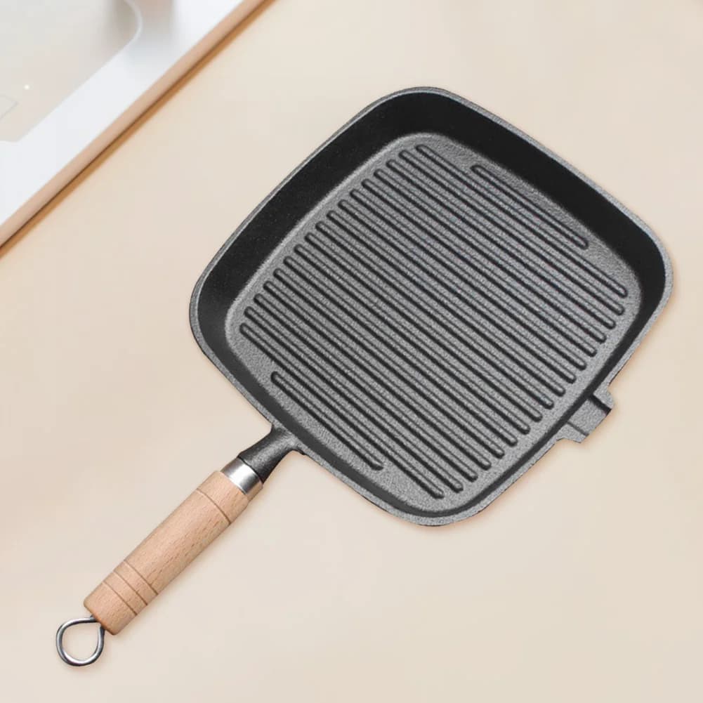 Iron Skillet Uncoated Non-stick Steak Frying Pan Cooking Pot with Wooden Handle for Home Kitchen Outdoor Camping Cookware