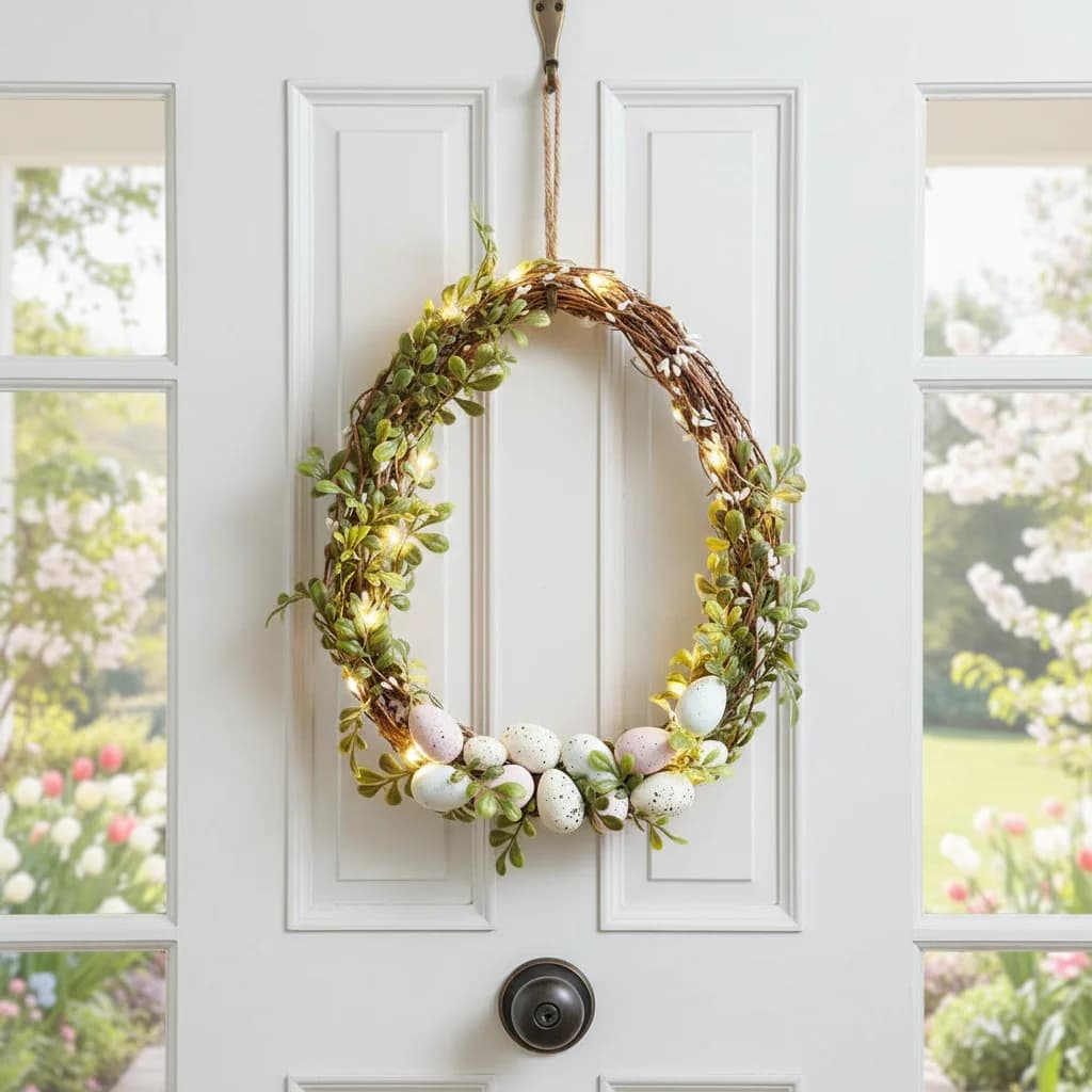 Ghirlanda di Uova Artificiali con Luci LED per Decorazioni Pasquali e Primaverili, Ghirlande da Appendere a Porte e Giardini 30x25cm