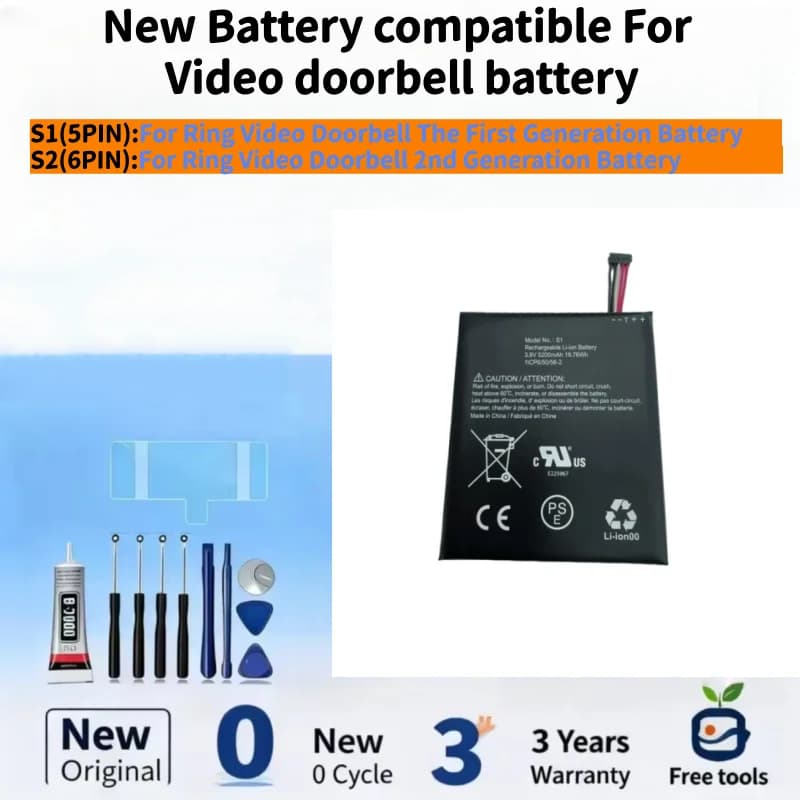 New Battery Compatible For Ring Video Doorbell 1 Generation / Ring Video Doorbell 2 Generation Batteries + Free Tools