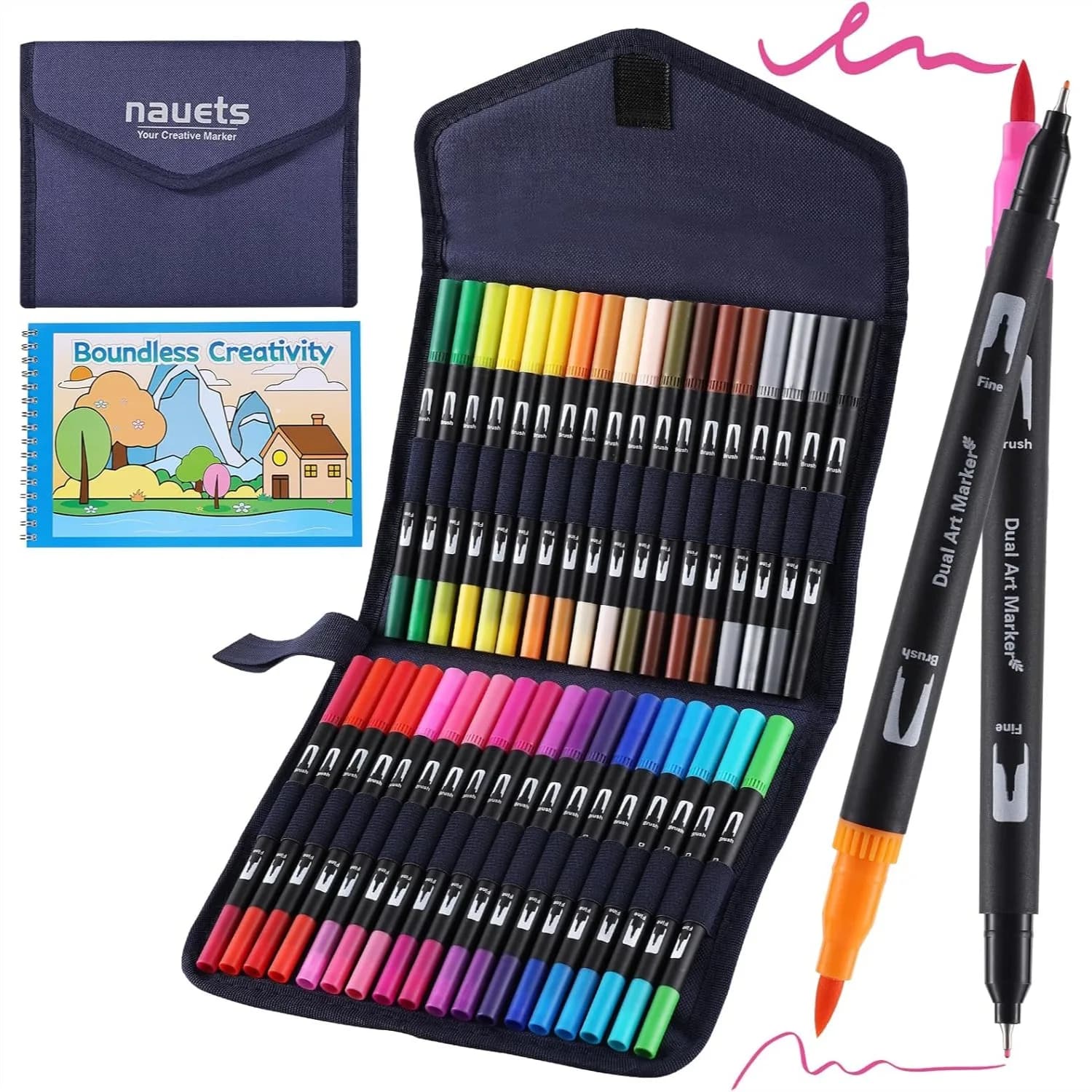 Set di 36 Pennarelli Acquerellabili con Libro da Colorare, Doppia Punta a Pennello e Fine per Disegno, Appunti, Planner, Calligrafia e Arte