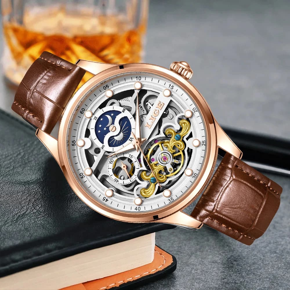 LIGE Retro Business Skeleton Man Mechanical watch Fashion Luxury Tourbillon Luminous automatic watches for men Reloj Hombre + Box