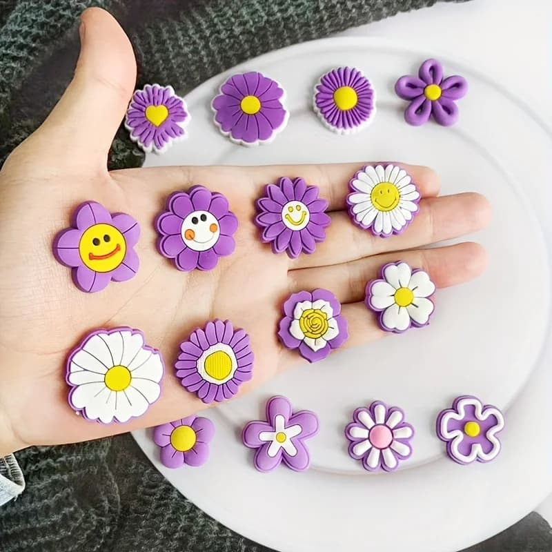 15-Pack Purple Daisy Shoe Charms - Detachable PVC Street Style Decor for Crocs, Sneakers & Beach Bags