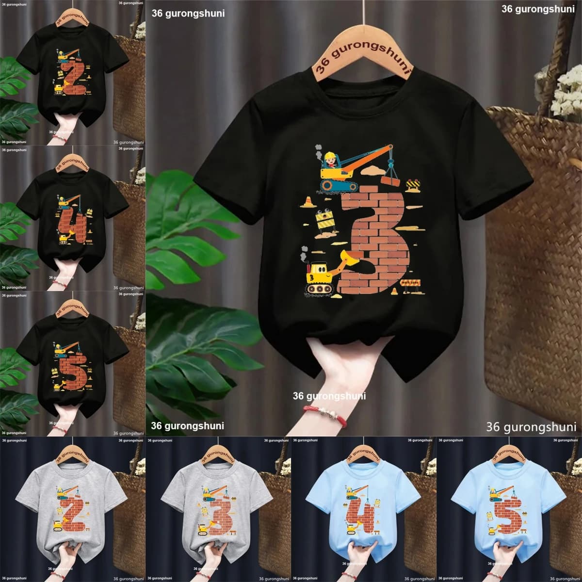 Kawaii Construction Boy Excavator Crane T-Shirt 2 3 4 5 Birthday Gift Shirt Kids Boys Girls Clothes Short Sleeve Baby Top